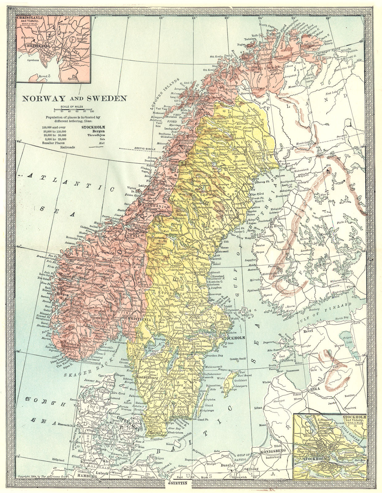 SCANDINAVIA. Norway and Sweden. Inset Stockholm & Christiania 1907 old map